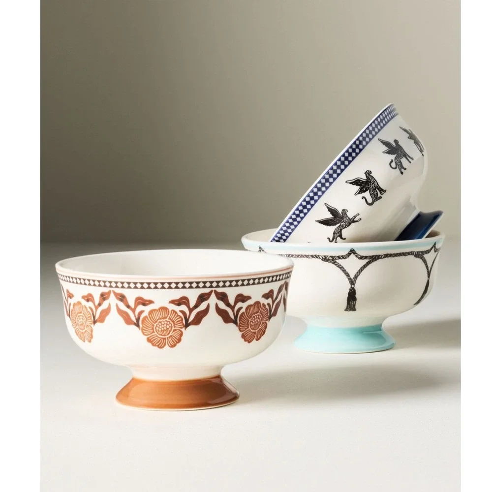 Anthropologie Bowl Reverie Orange Floral Footed Nut Dessert Dish Fall Set 2